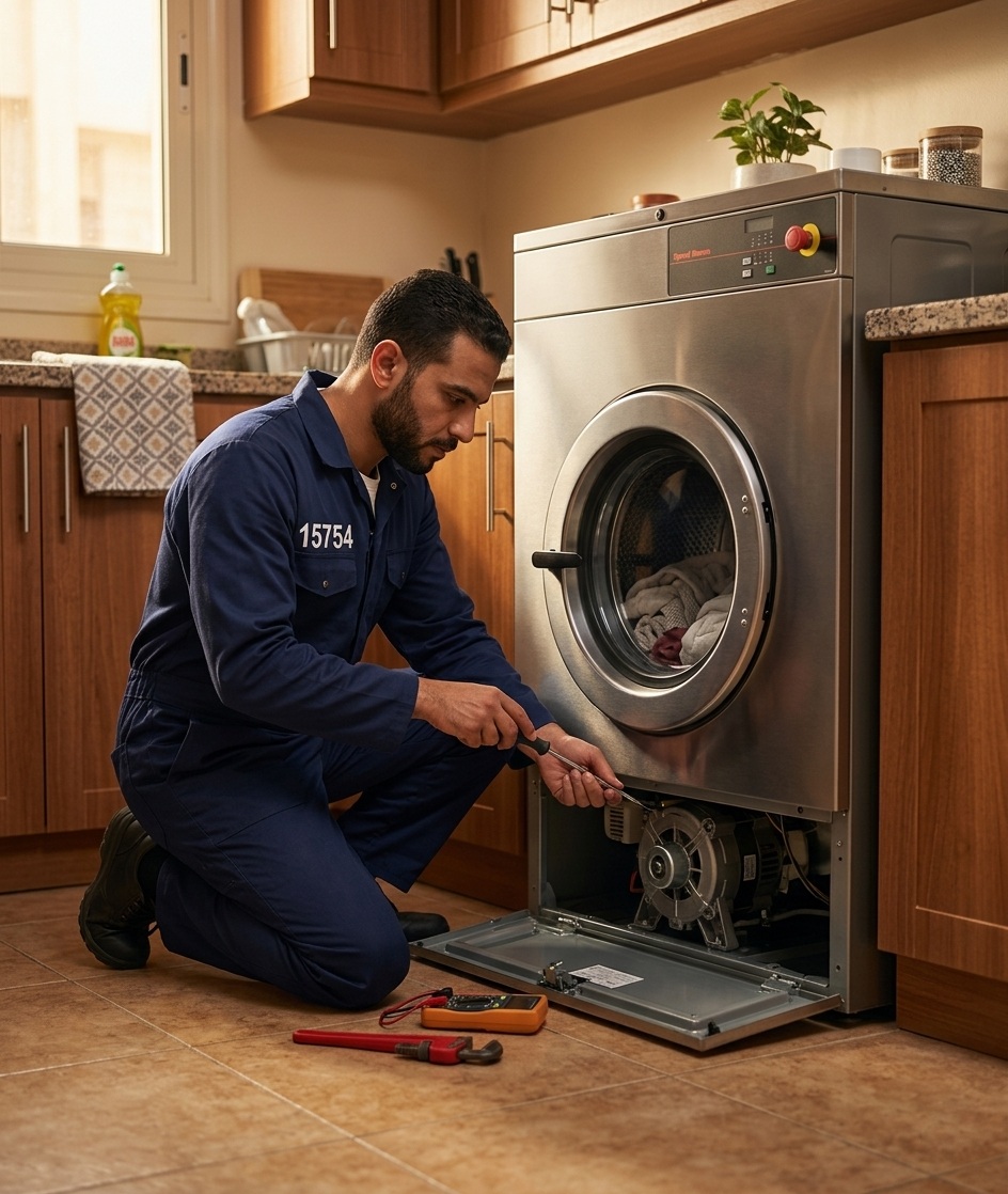 فني صيانة محترف يقوم بفحص غسالة سامسونج